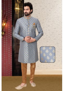 Grey Jaquard Silk  Indo Western  Sherwani